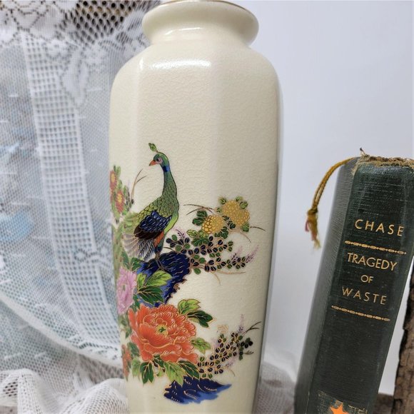 Porcelain Tall Made in Japan Vase Peacock Floral